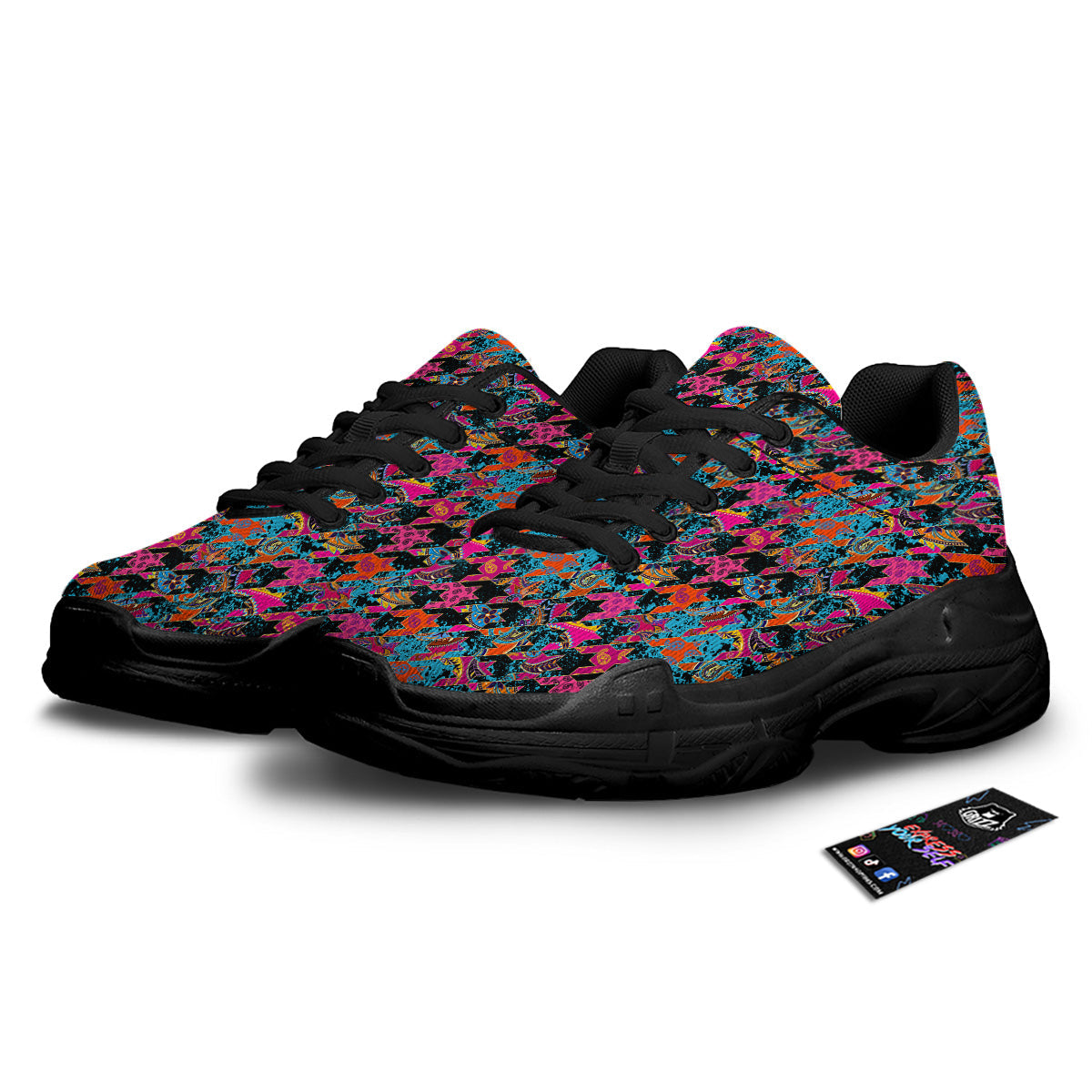 Houndstooth Abstract And Paisley Print Pattern Black Chunky Shoes-grizzshop