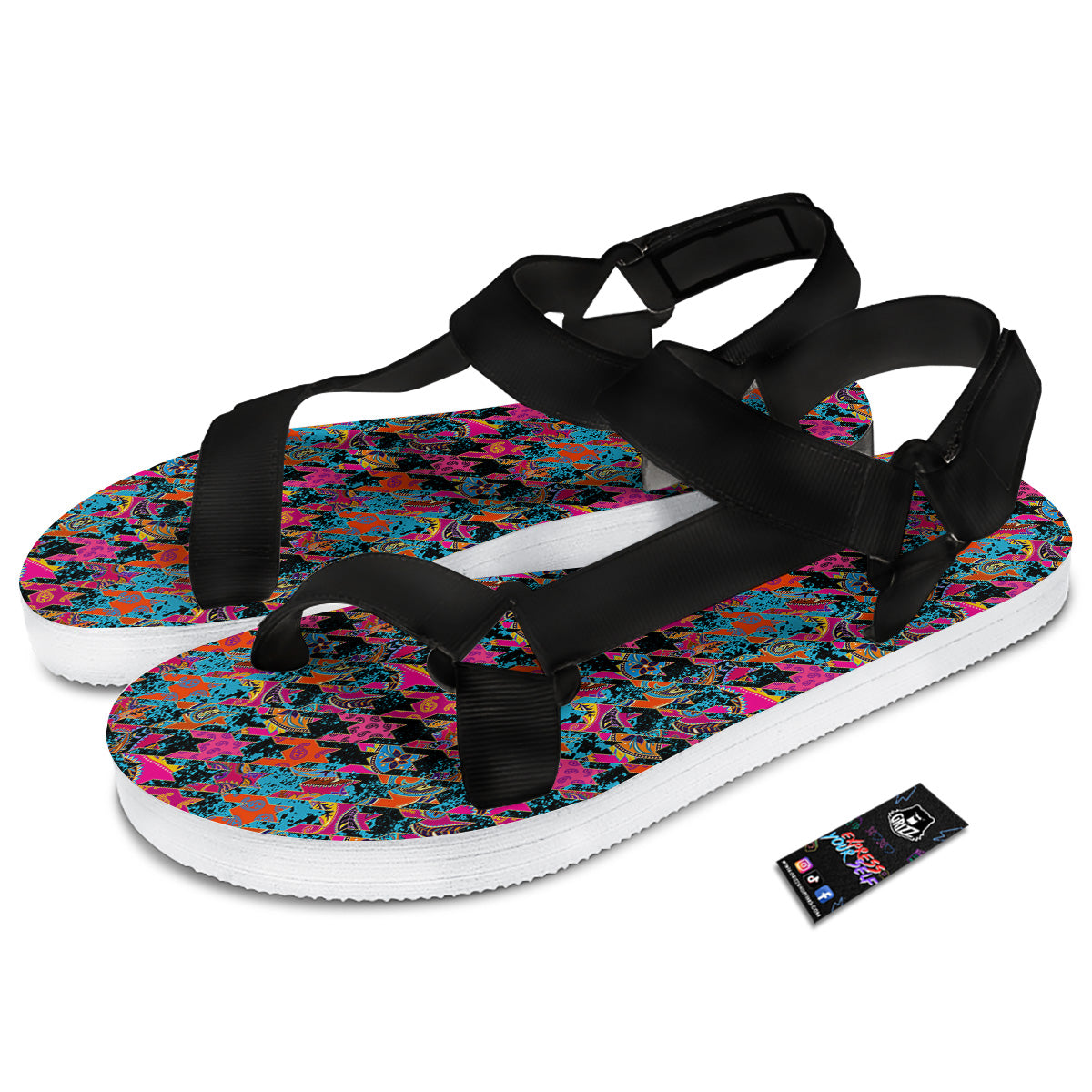 Houndstooth Abstract And Paisley Print Pattern Black Open Toe Sandals-grizzshop