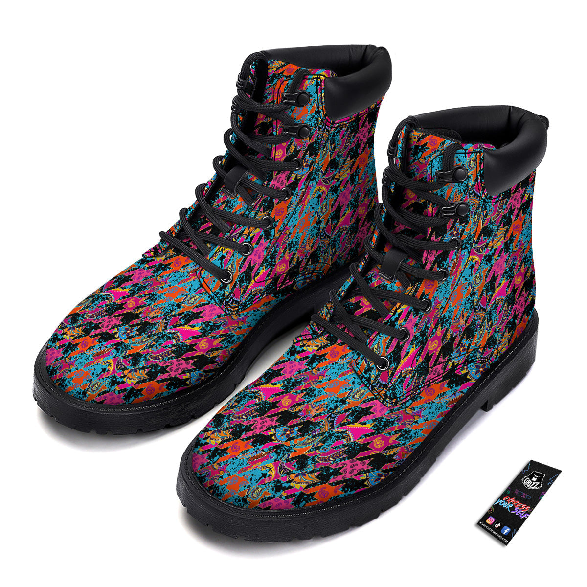 Houndstooth Abstract And Paisley Print Pattern Boots-grizzshop