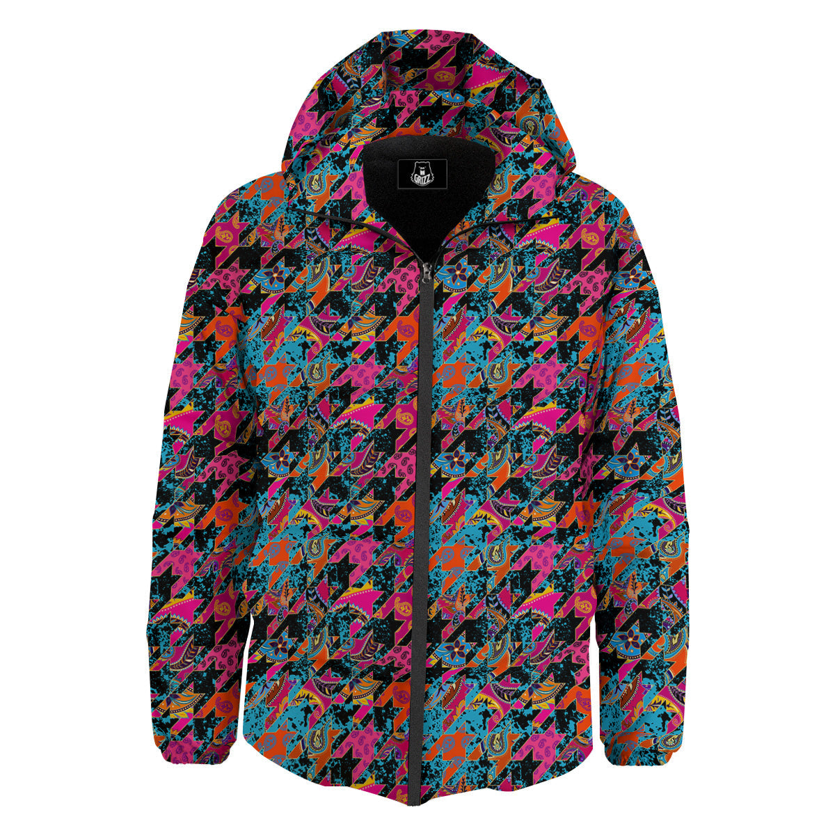 Houndstooth Abstract And Paisley Print Pattern Down Jacket-grizzshop