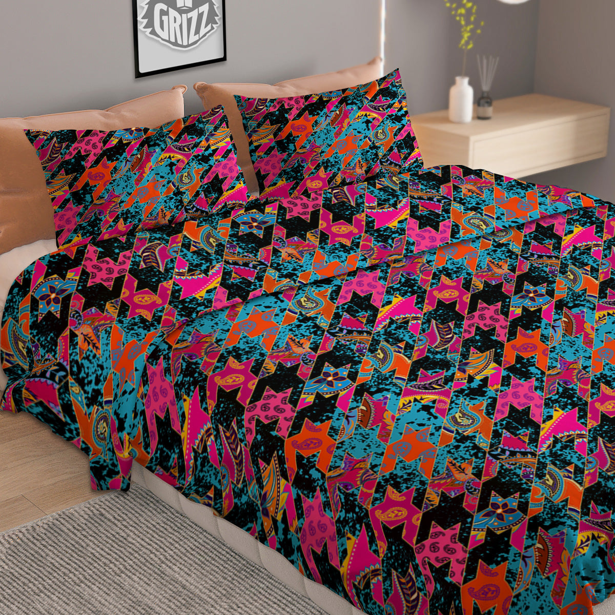 Houndstooth Abstract And Paisley Print Pattern Duvet Cover Bedding Set