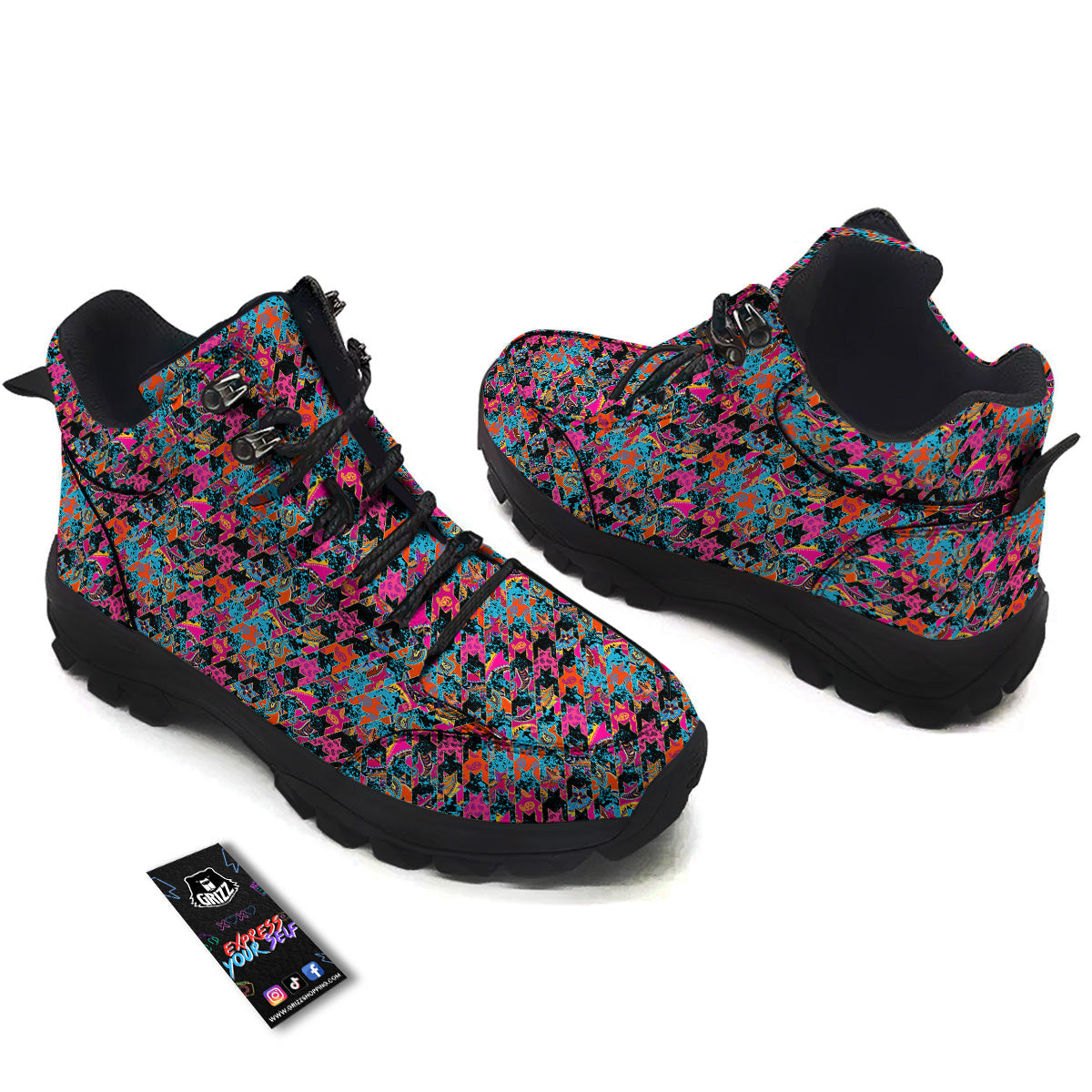 Houndstooth Abstract And Paisley Print Pattern Hiking Shoes-grizzshop
