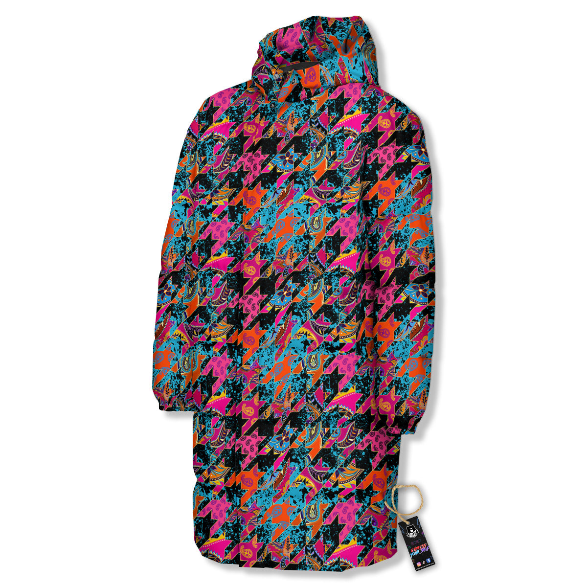 Houndstooth Abstract And Paisley Print Pattern Long Down Jacket-grizzshop