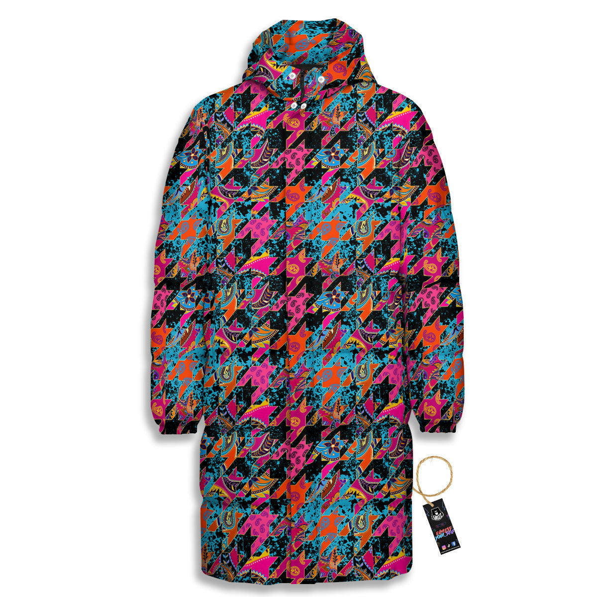 Houndstooth Abstract And Paisley Print Pattern Long Down Jacket-grizzshop