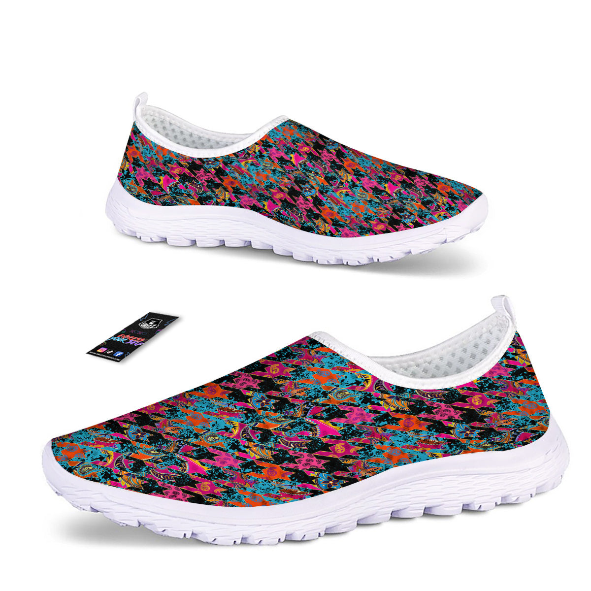 Houndstooth Abstract And Paisley Print Pattern Nurse Shoes-grizzshop