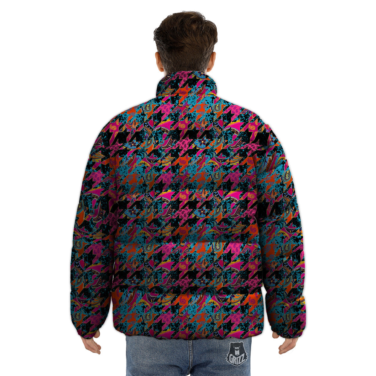 Houndstooth Abstract And Paisley Print Pattern Puffer Jacket-grizzshop