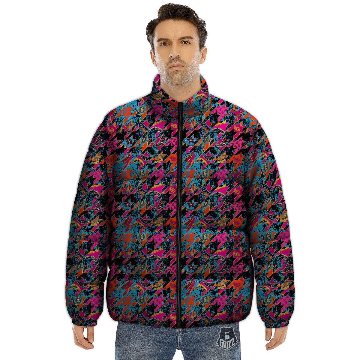 Houndstooth Abstract And Paisley Print Pattern Puffer Jacket-grizzshop
