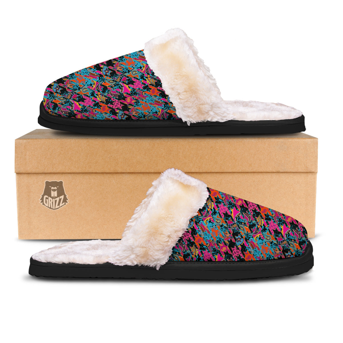 Houndstooth Abstract And Paisley Print Pattern Slippers-grizzshop