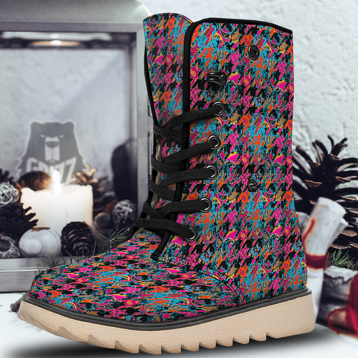 Houndstooth Abstract And Paisley Print Pattern Snow Boots-grizzshop