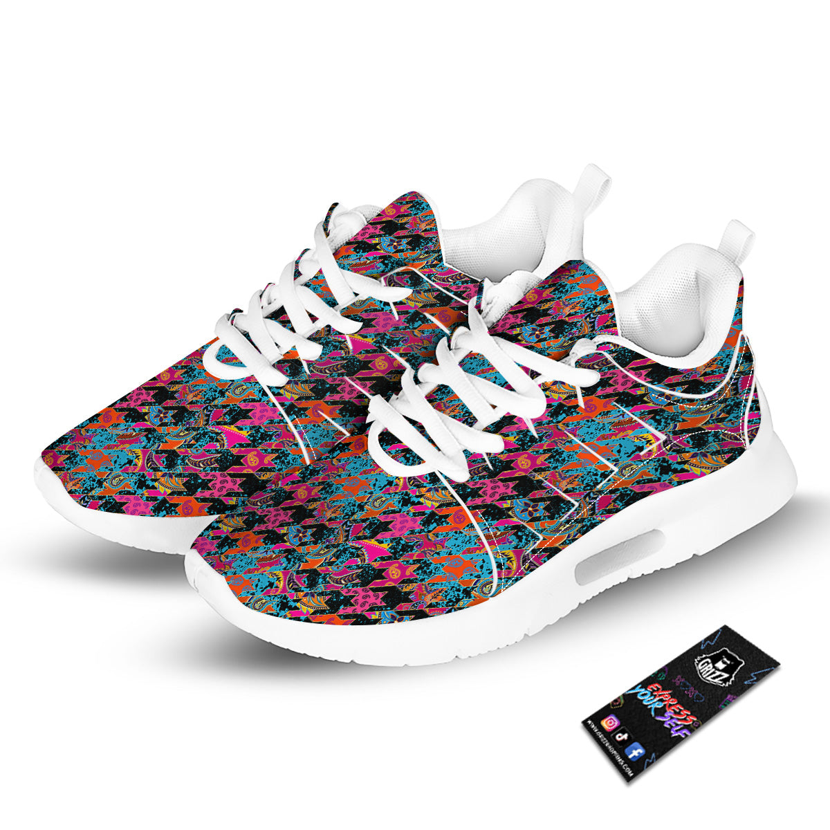 Houndstooth Abstract And Paisley Print Pattern Tennis Shoes-grizzshop