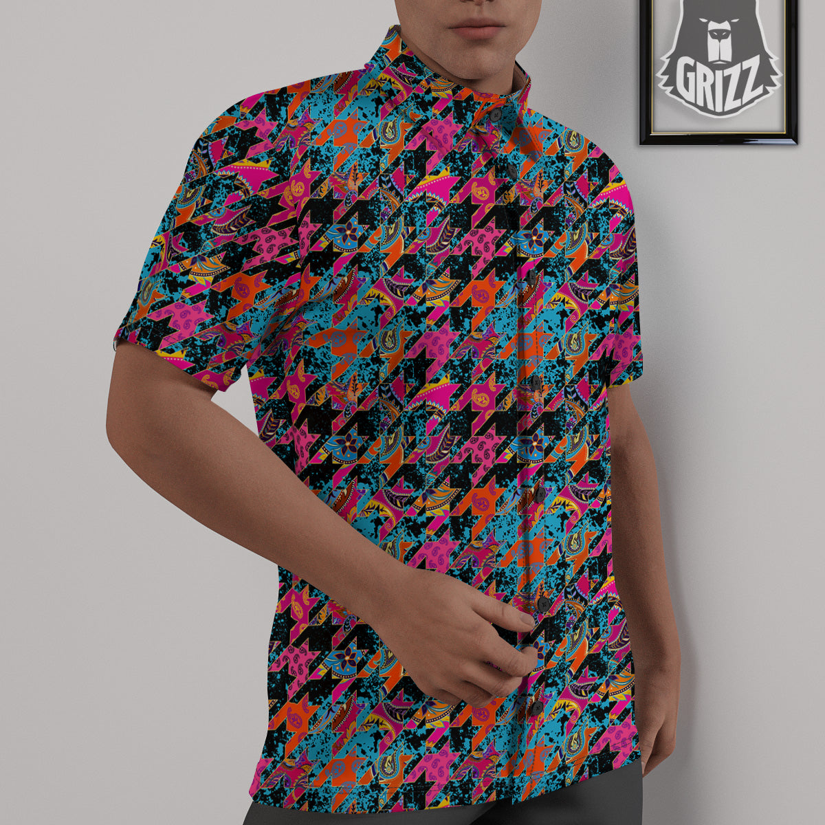 Houndstooth Abstract And Paisley Print Pattern Untucked Shirts-grizzshop