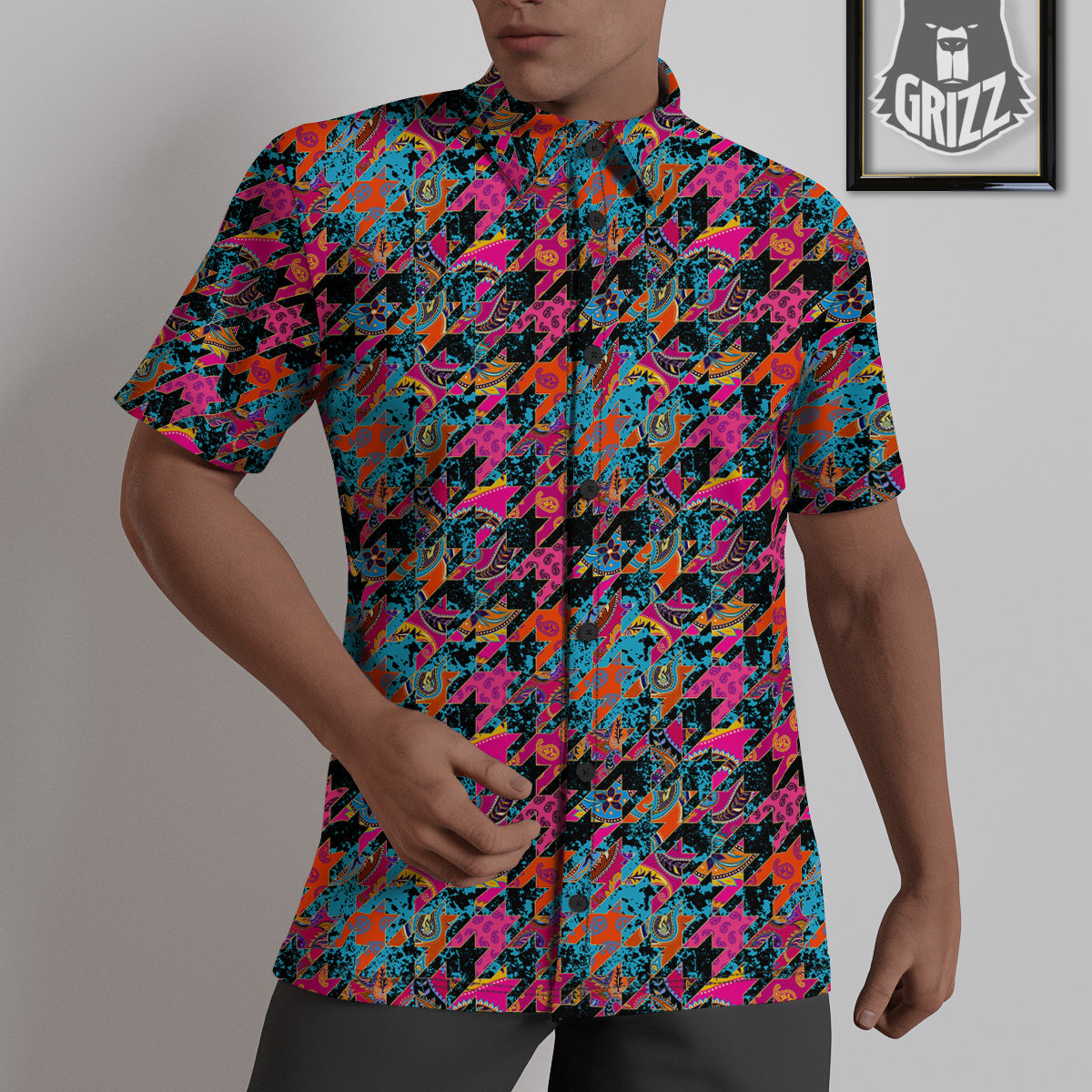 Houndstooth Abstract And Paisley Print Pattern Untucked Shirts-grizzshop