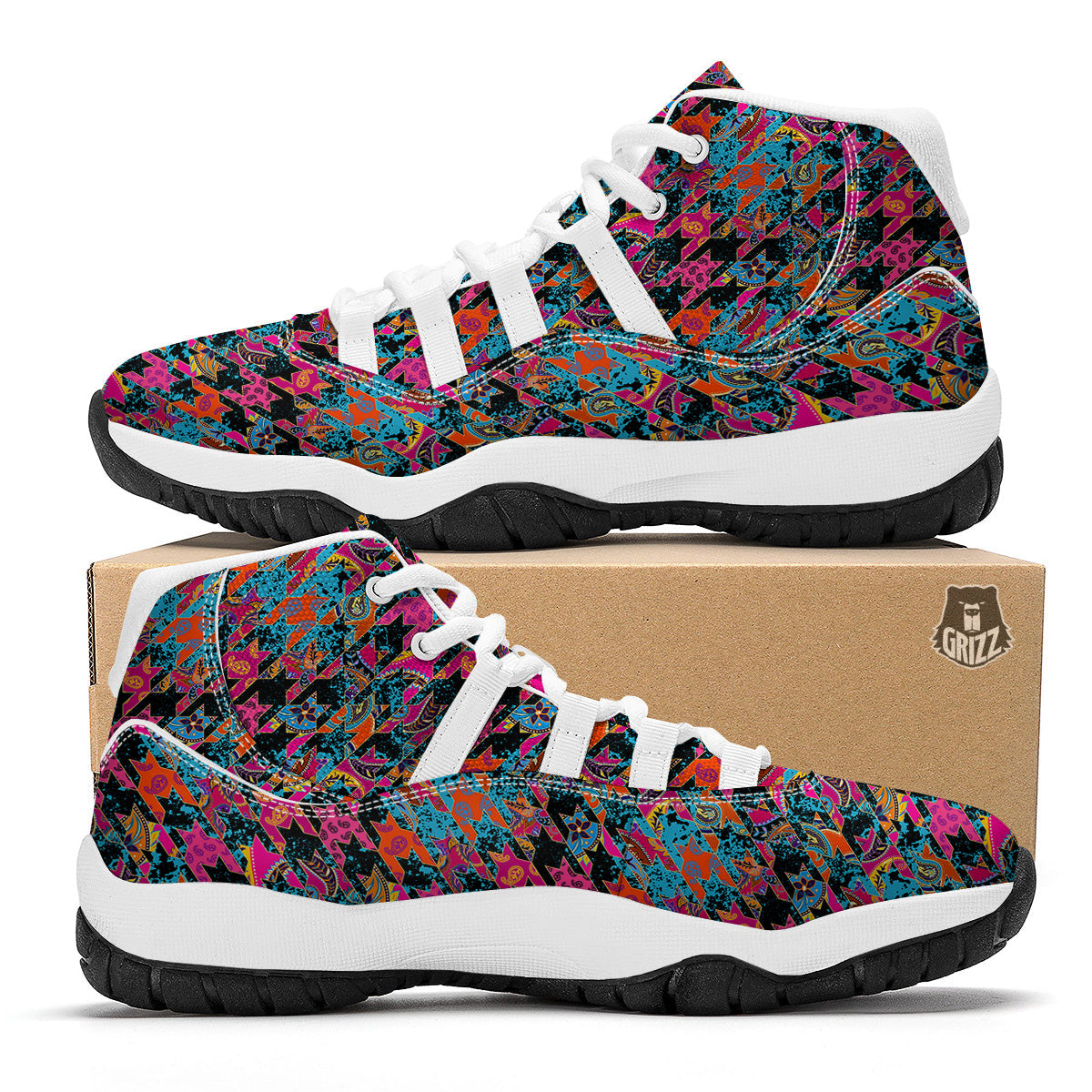Houndstooth Abstract And Paisley Print Pattern White Bball Shoes-grizzshop