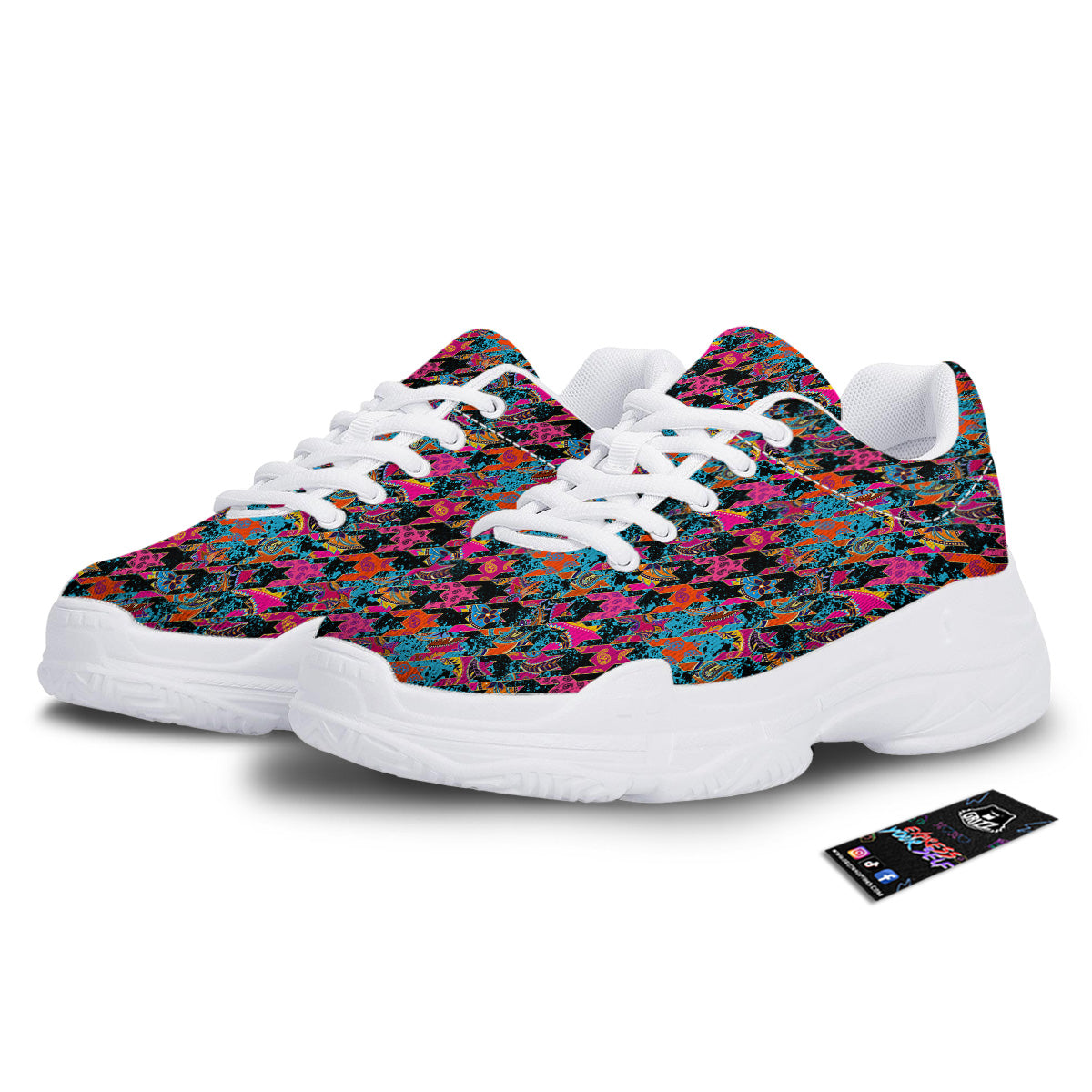 Houndstooth Abstract And Paisley Print Pattern White Chunky Shoes-grizzshop