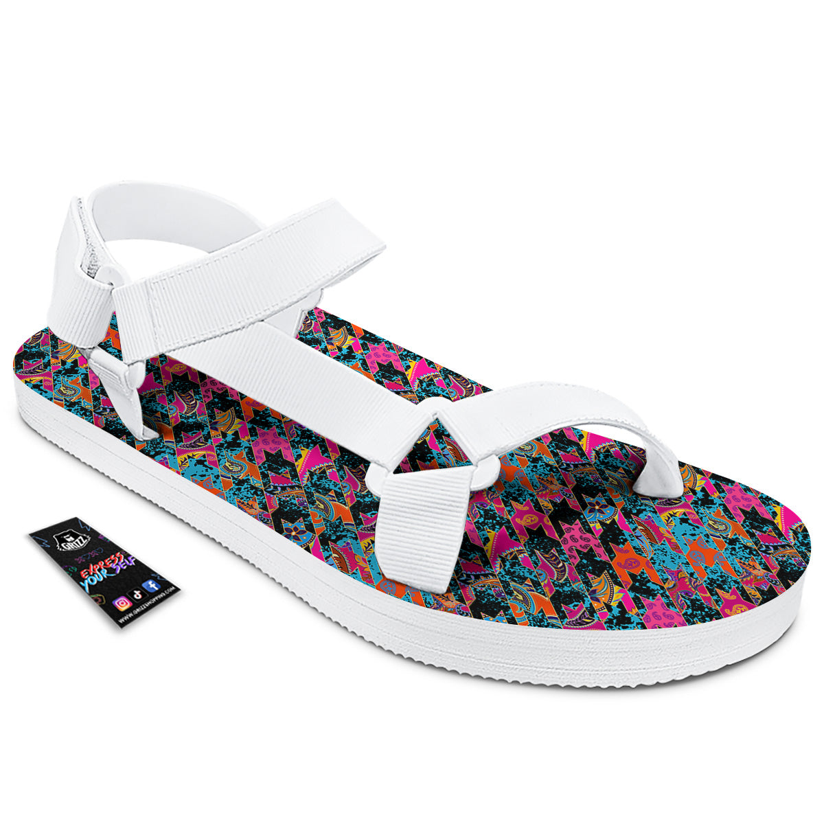 Houndstooth Abstract And Paisley Print Pattern White Open Toe Sandals-grizzshop