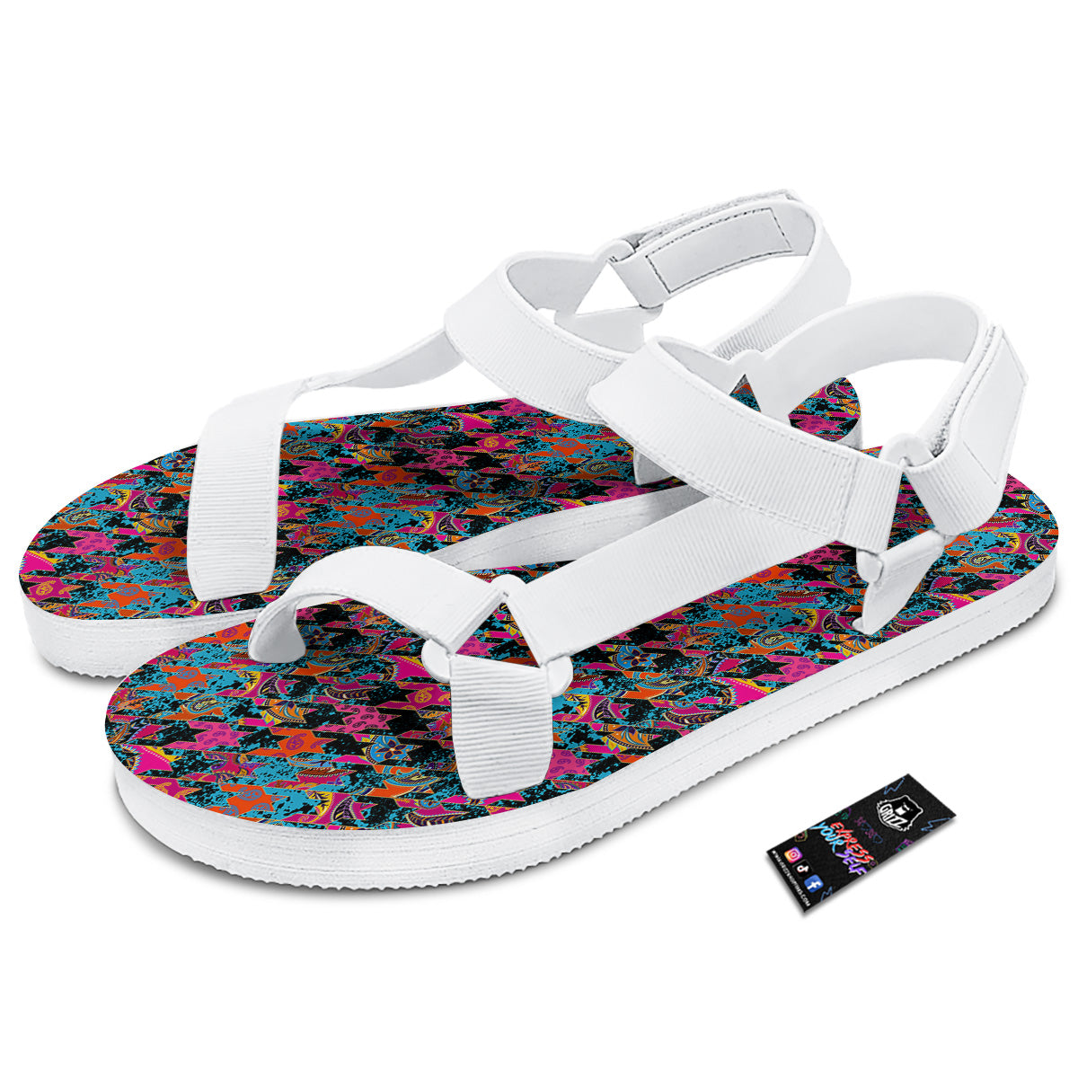Houndstooth Abstract And Paisley Print Pattern White Open Toe Sandals-grizzshop