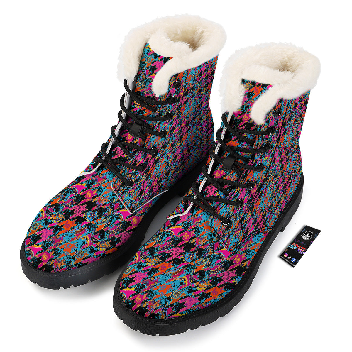 Houndstooth Abstract And Paisley Print Pattern Winter Boots-grizzshop