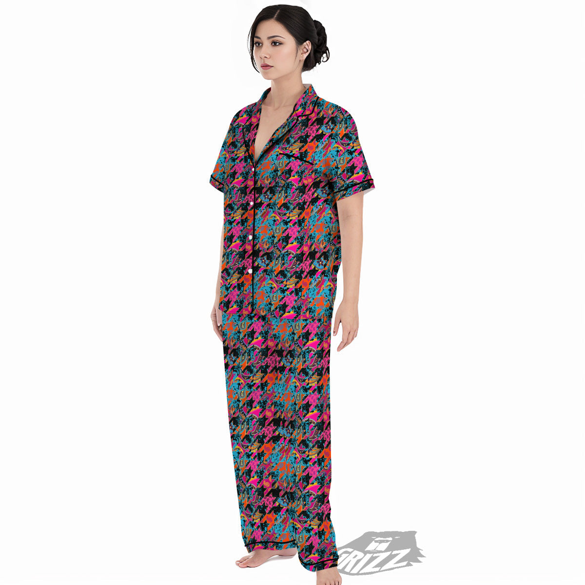 Houndstooth Abstract And Paisley Print Pattern Women's Pajamas Set-grizzshop