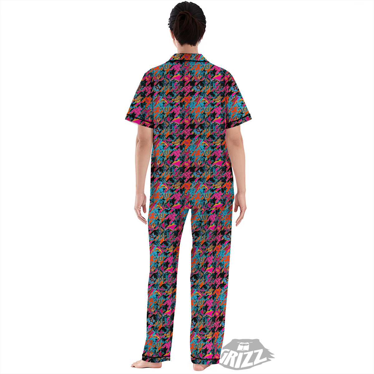 Houndstooth Abstract And Paisley Print Pattern Women's Pajamas Set-grizzshop