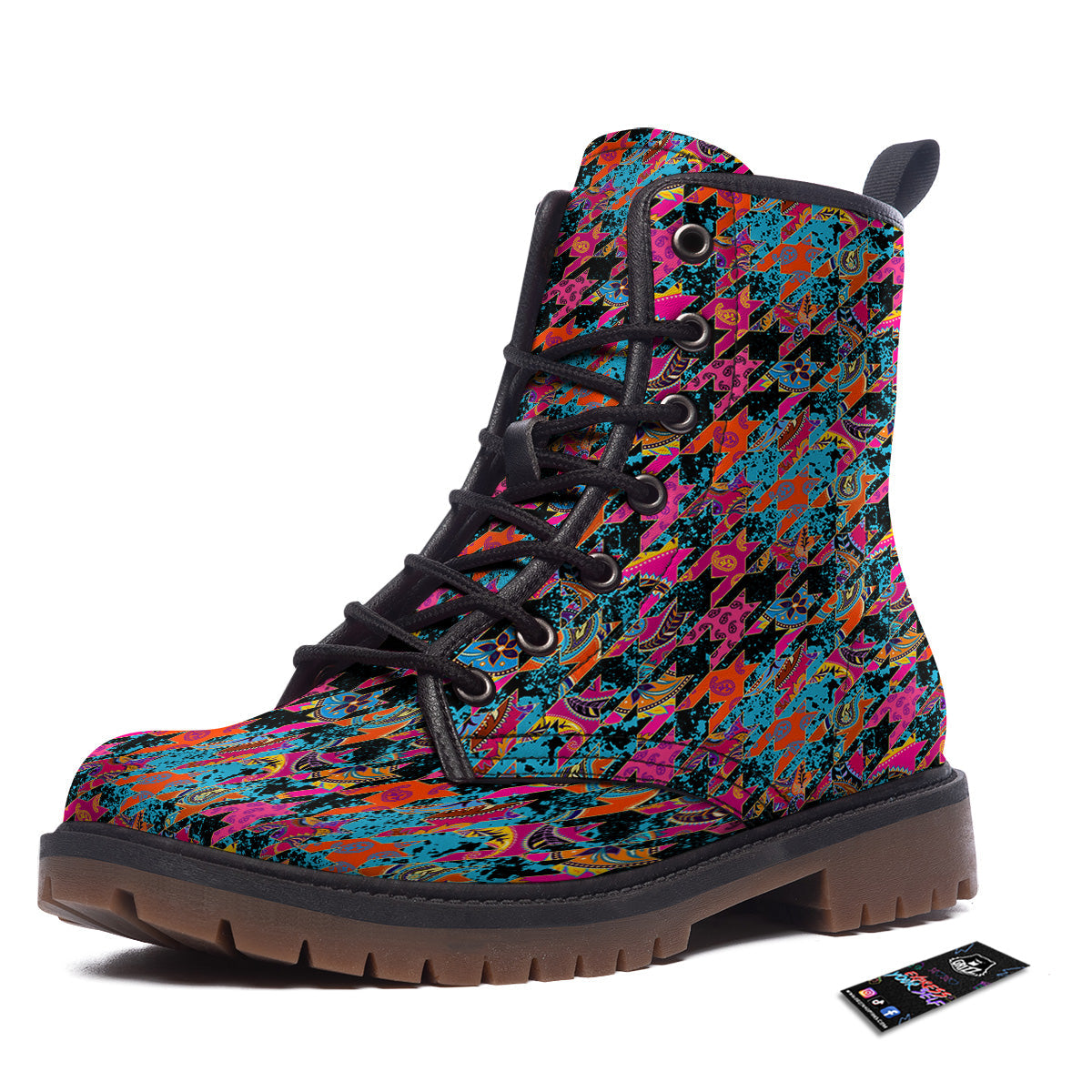 Houndstooth Abstract And Paisley Print Pattern Work Boots-grizzshop