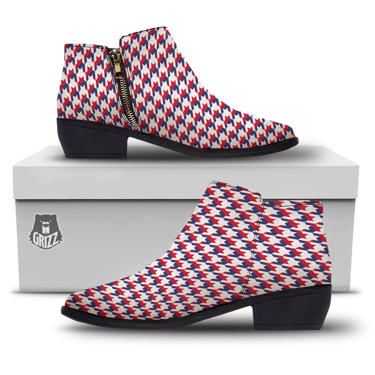 Houndstooth American Print Pattern Ankle Boots-grizzshop