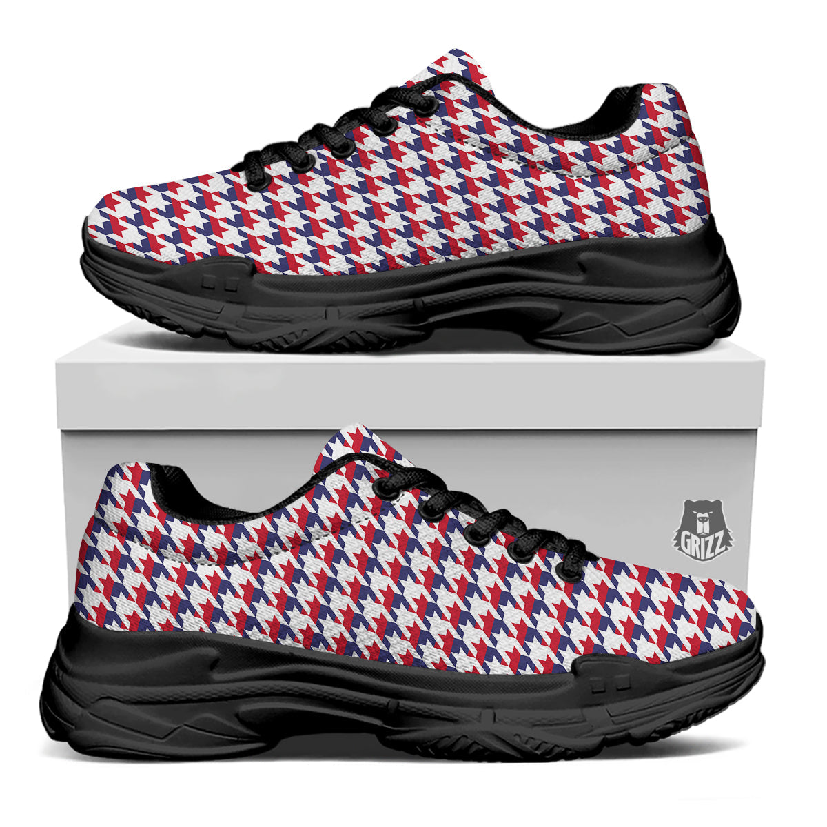Houndstooth American Print Pattern Black Chunky Shoes-grizzshop