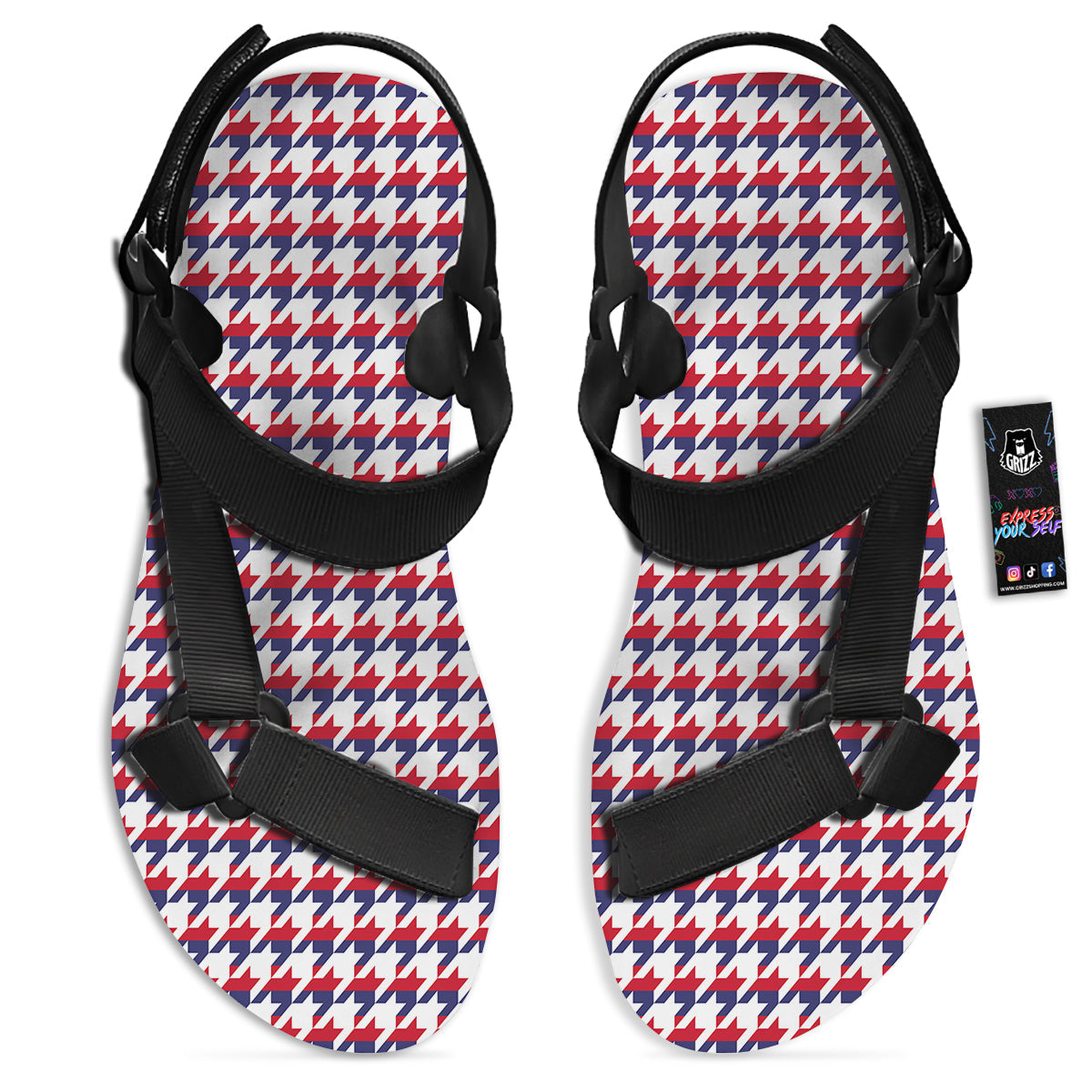 Houndstooth American Print Pattern Black Open Toe Sandals-grizzshop