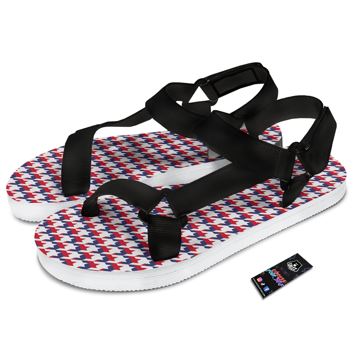 Houndstooth American Print Pattern Black Open Toe Sandals-grizzshop