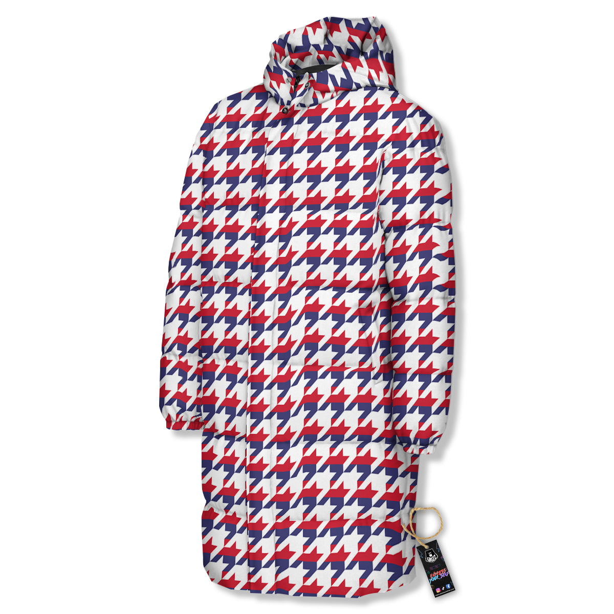 Houndstooth American Print Pattern Long Down Jacket-grizzshop