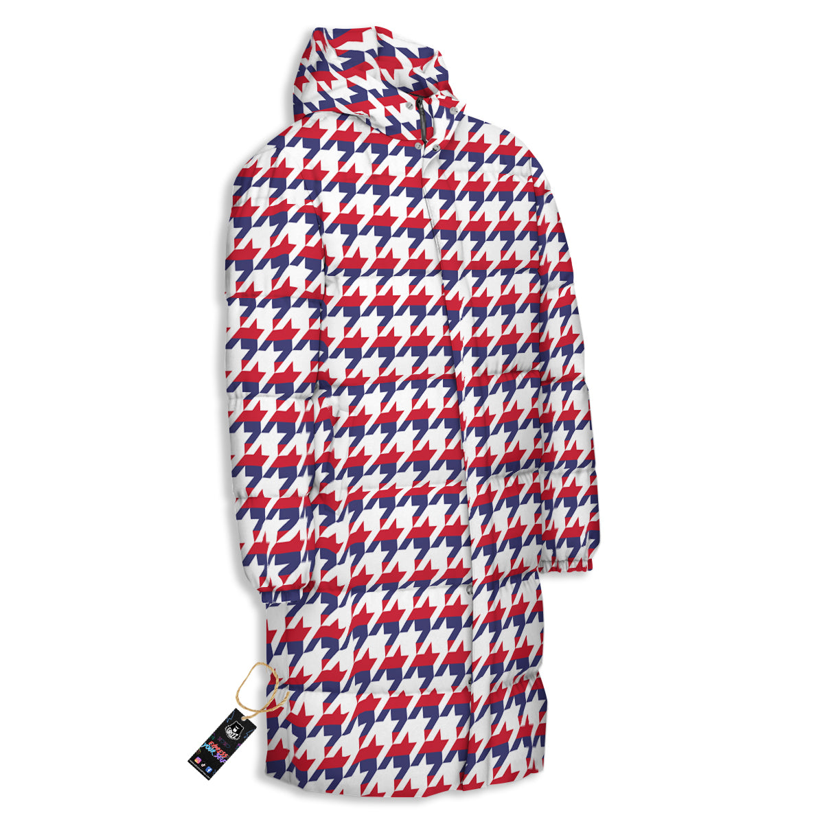 Houndstooth American Print Pattern Long Down Jacket-grizzshop