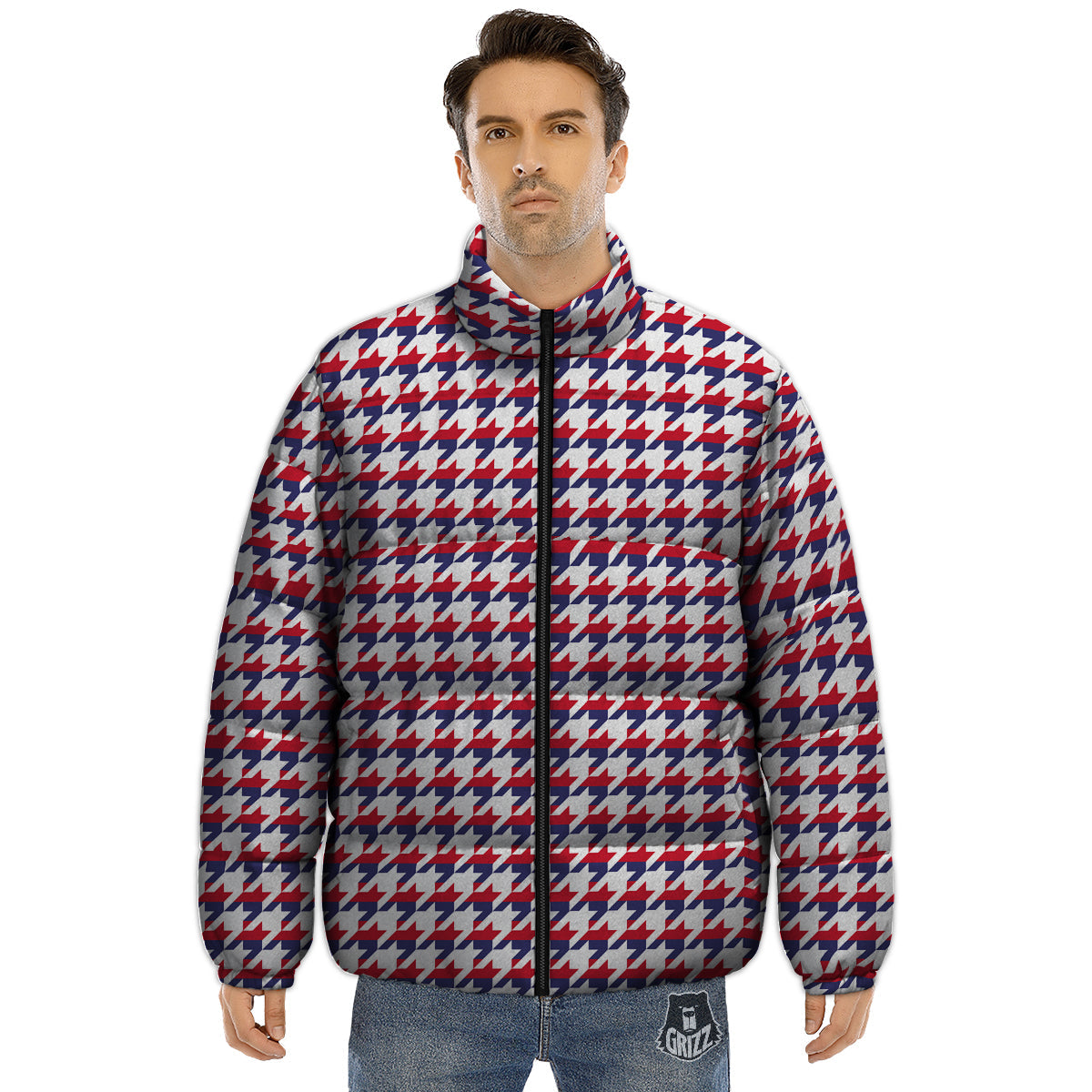 Houndstooth American Print Pattern Puffer Jacket-grizzshop