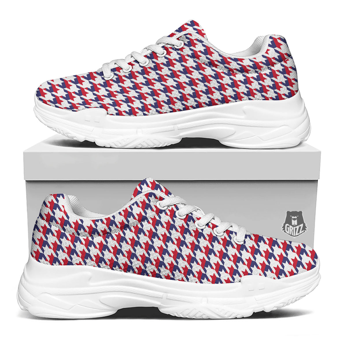 Houndstooth American Print Pattern White Chunky Shoes-grizzshop