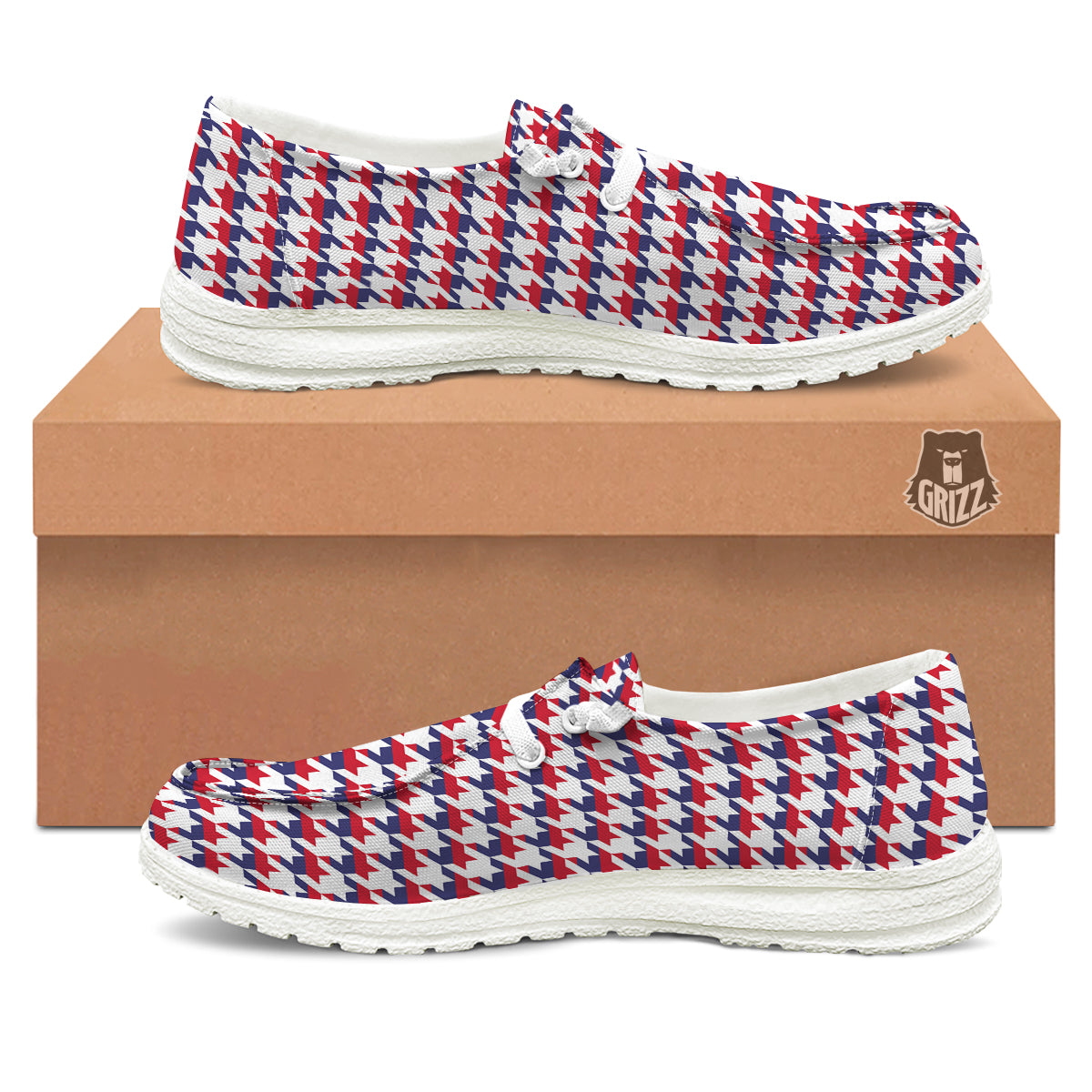 Houndstooth American Print Pattern White Loafers-grizzshop