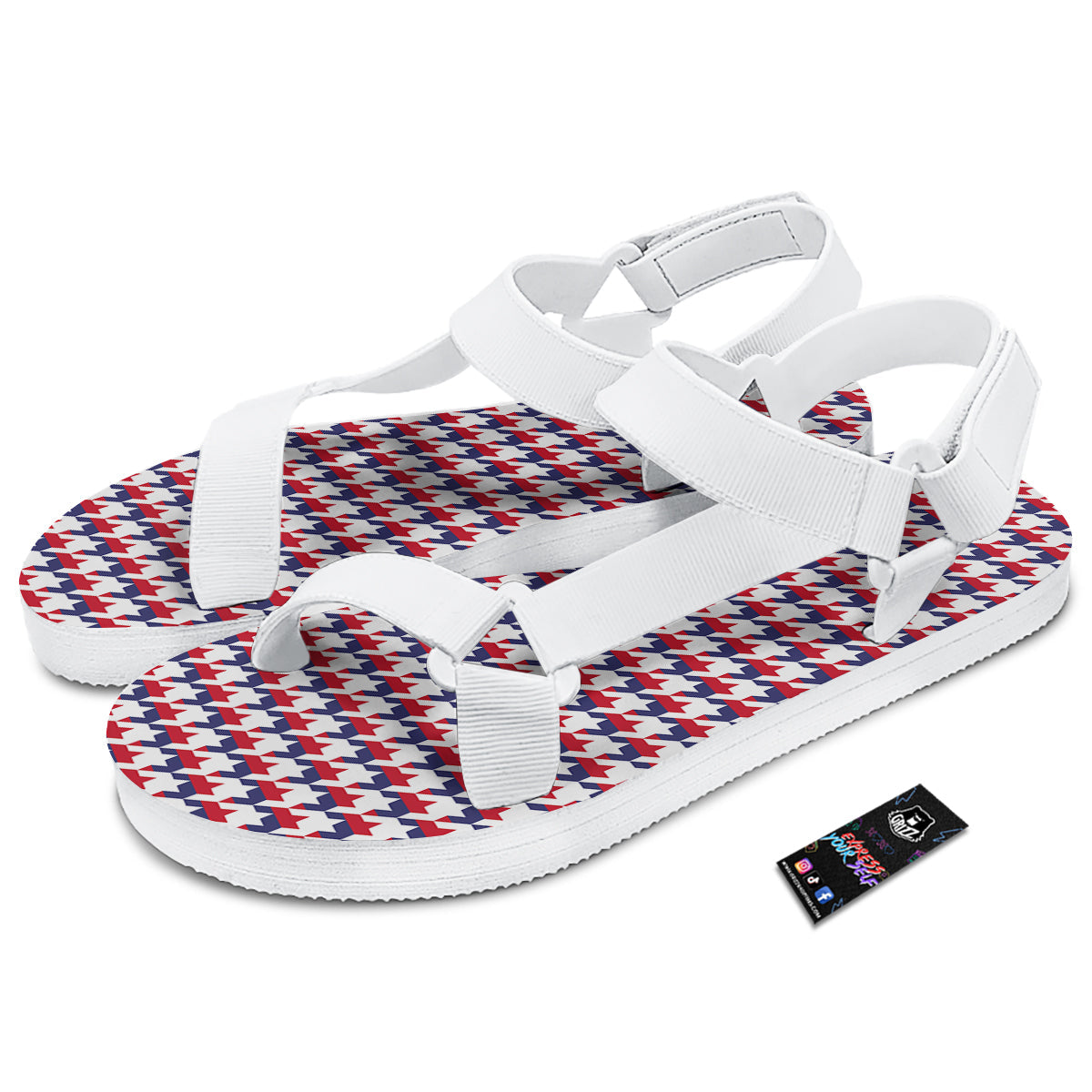 Houndstooth American Print Pattern White Open Toe Sandals-grizzshop