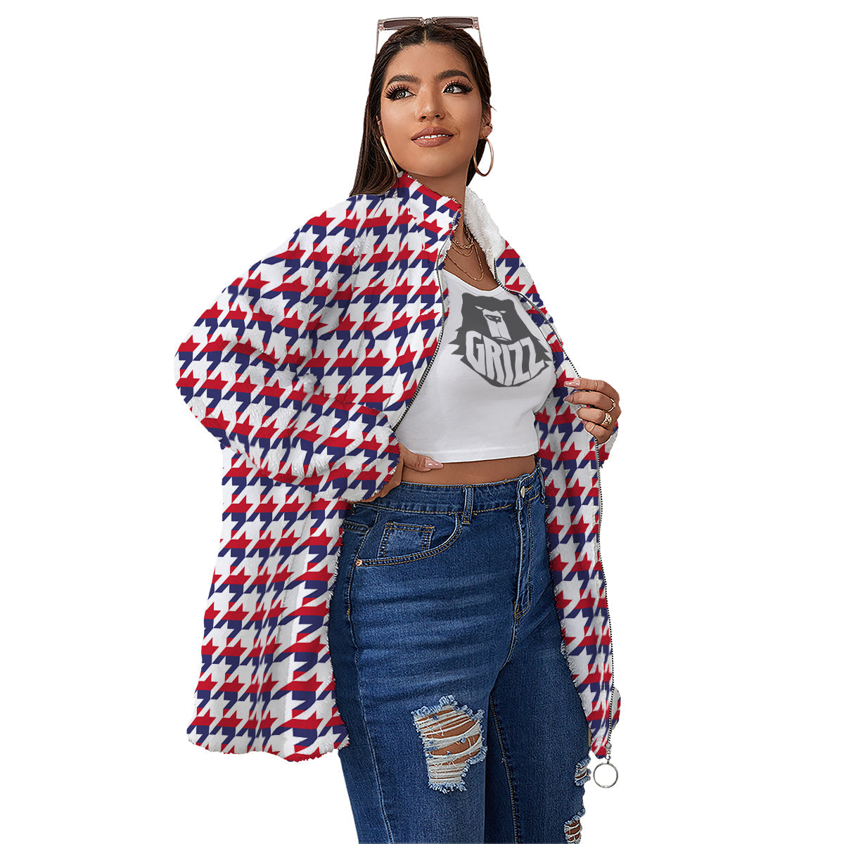 Houndstooth American Print Pattern Women's Sherpa Jacket-grizzshop