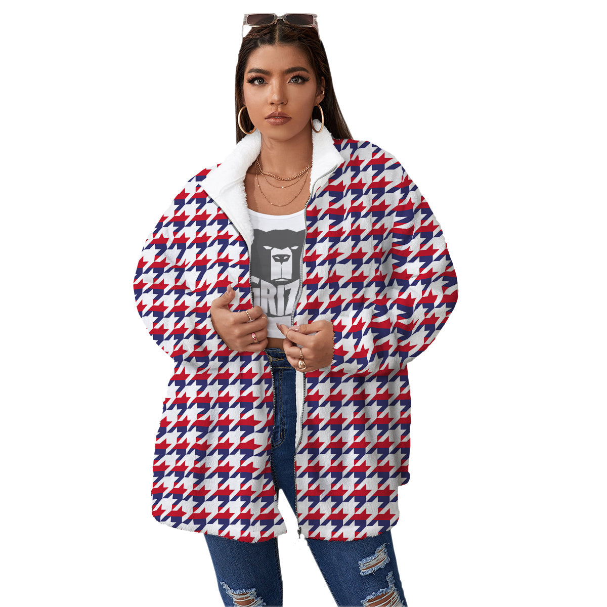 Houndstooth American Print Pattern Women's Sherpa Jacket-grizzshop