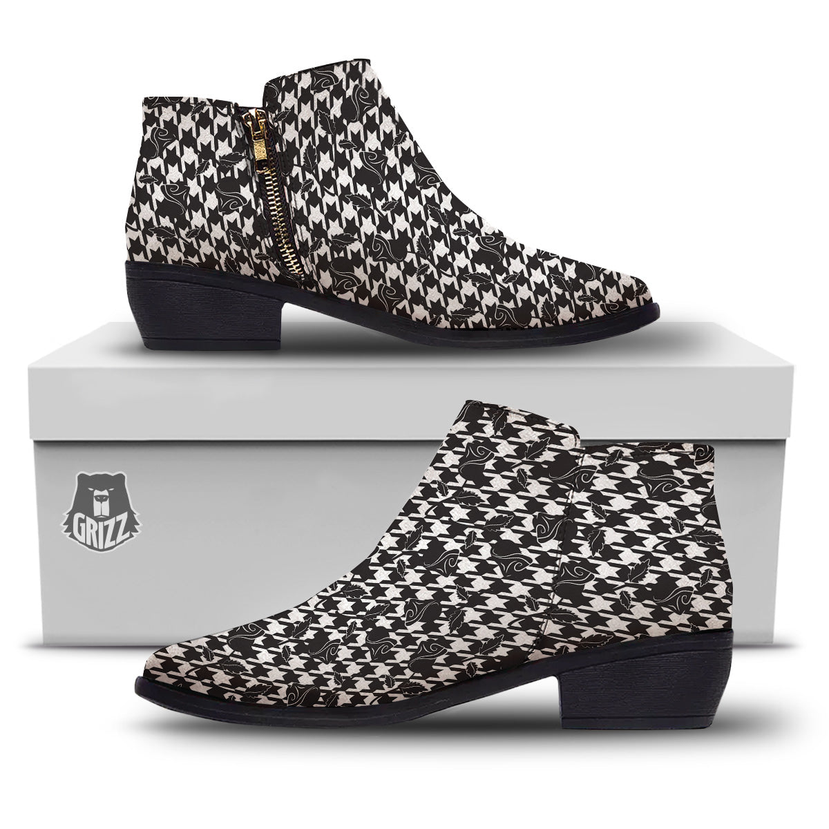 Houndstooth And Black Rose Print Pattern Ankle Boots-grizzshop