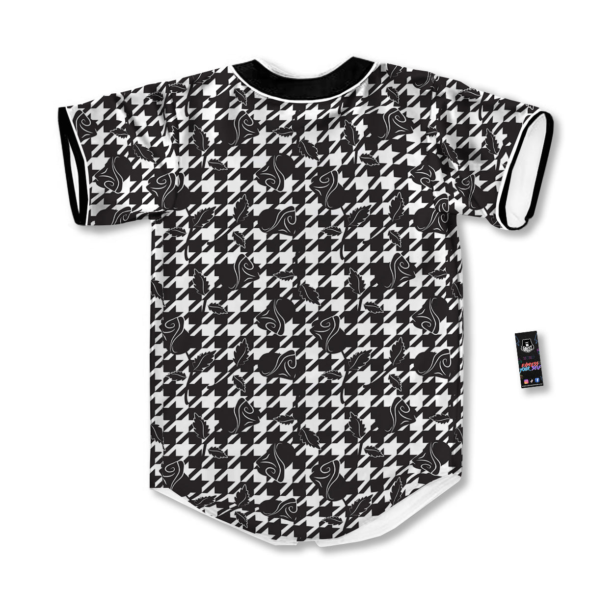 Houndstooth And Black Rose Print Pattern Baseball Jersey-grizzshop