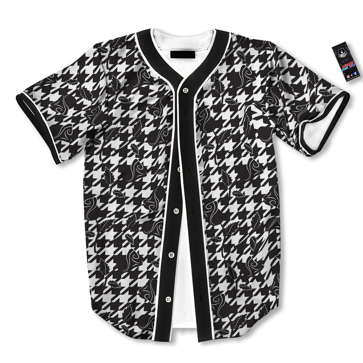 Houndstooth And Black Rose Print Pattern Baseball Jersey-grizzshop