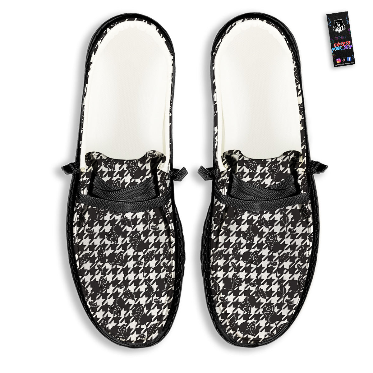 Houndstooth And Black Rose Print Pattern Black Loafers-grizzshop