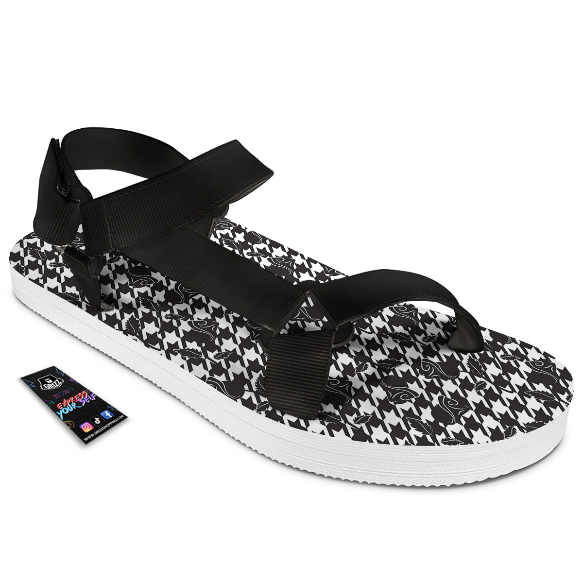 Houndstooth And Black Rose Print Pattern Black Open Toe Sandals-grizzshop