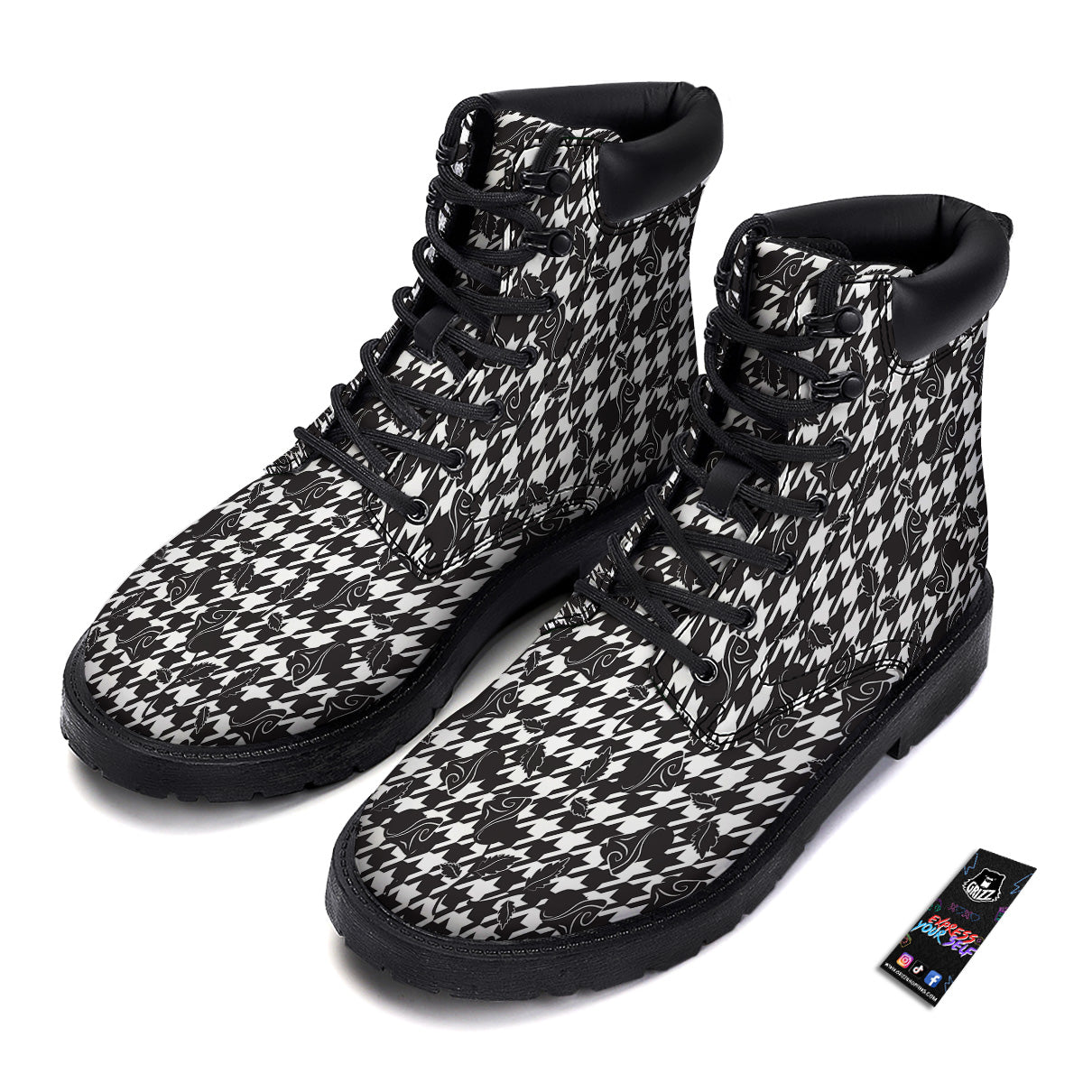 Houndstooth And Black Rose Print Pattern Boots-grizzshop