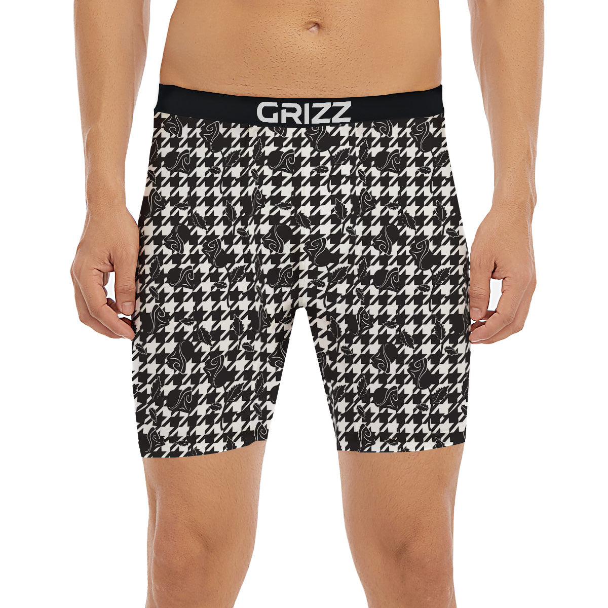 Houndstooth And Black Rose Print Pattern Boxer Briefs-grizzshop