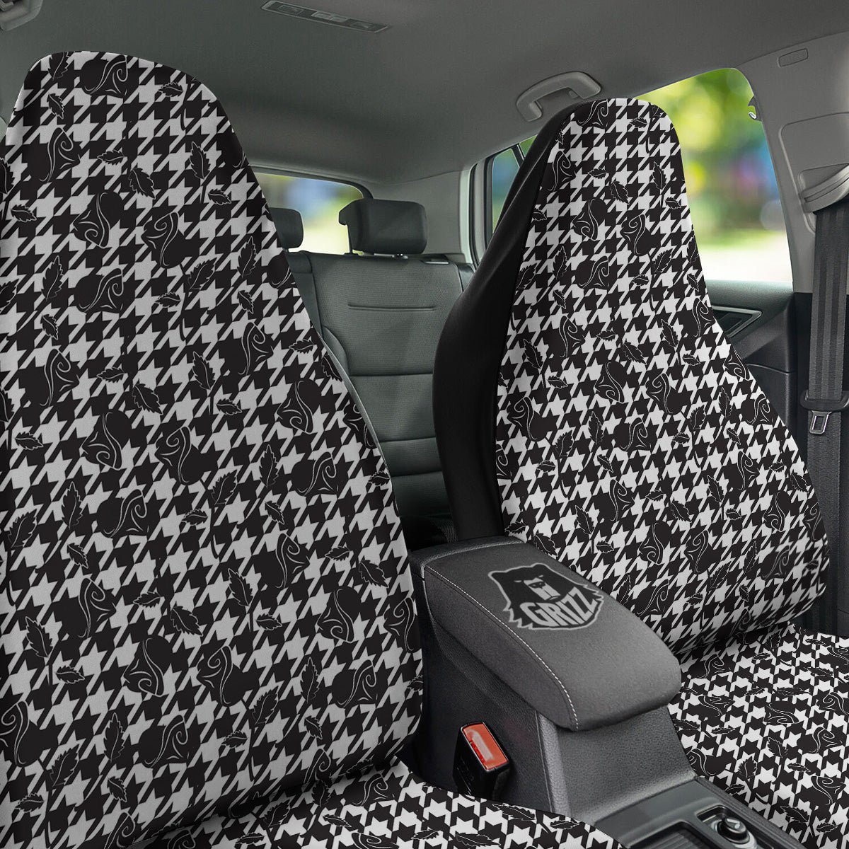 Houndstooth And Black Rose Print Pattern Car Seat Covers-grizzshop