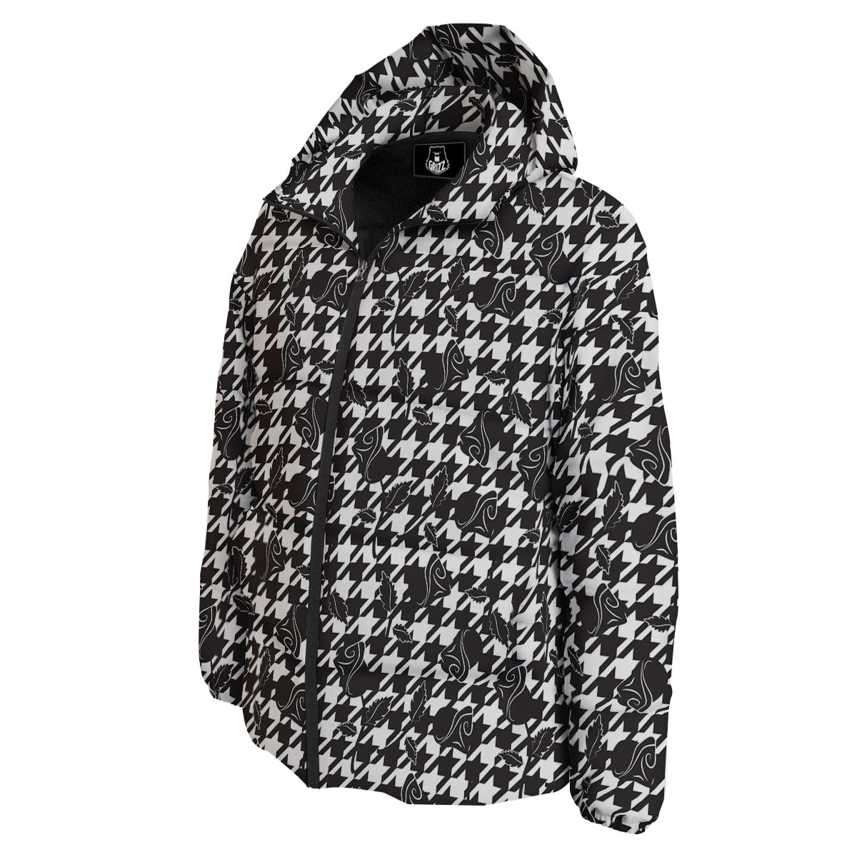 Houndstooth And Black Rose Print Pattern Down Jacket-grizzshop