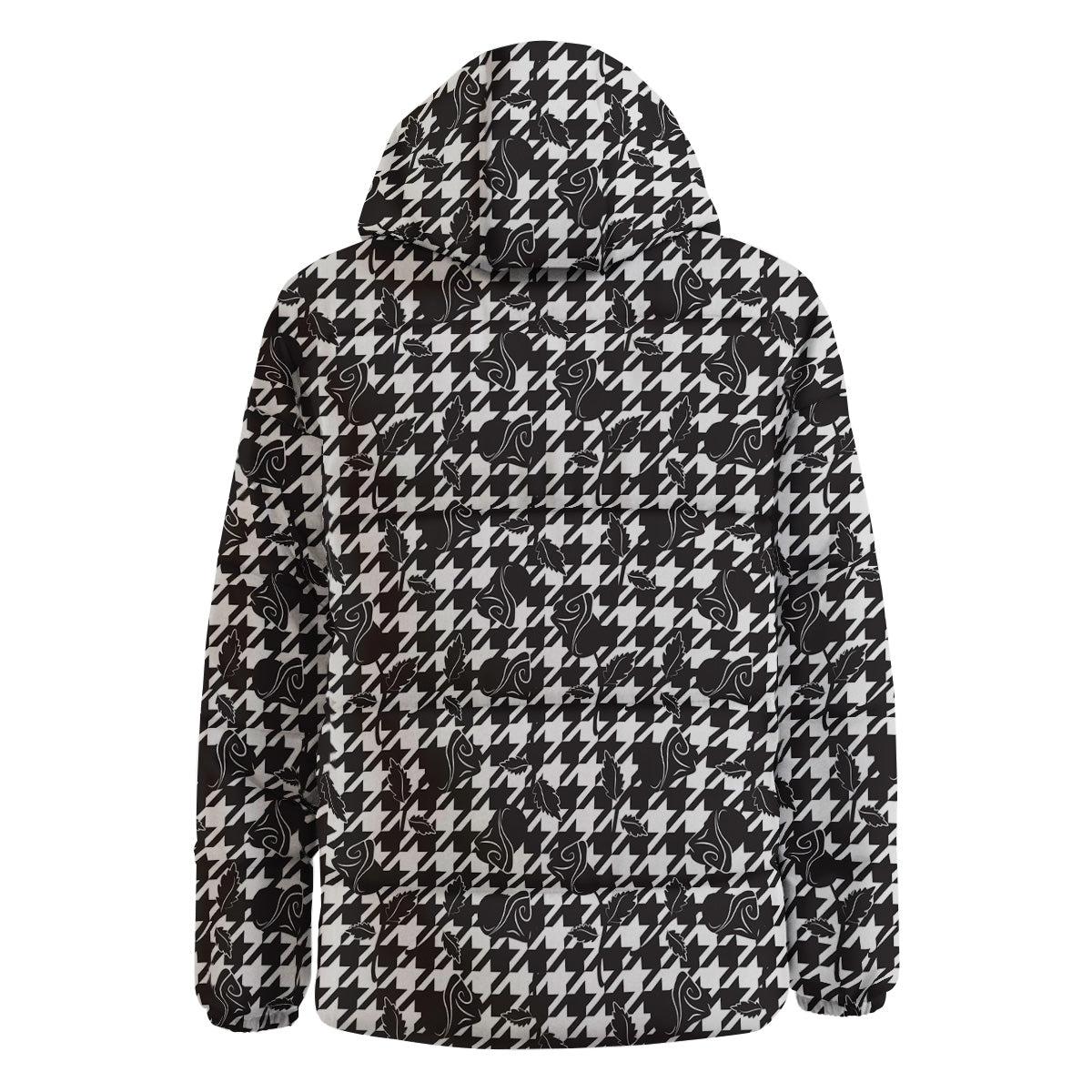 Houndstooth And Black Rose Print Pattern Down Jacket-grizzshop
