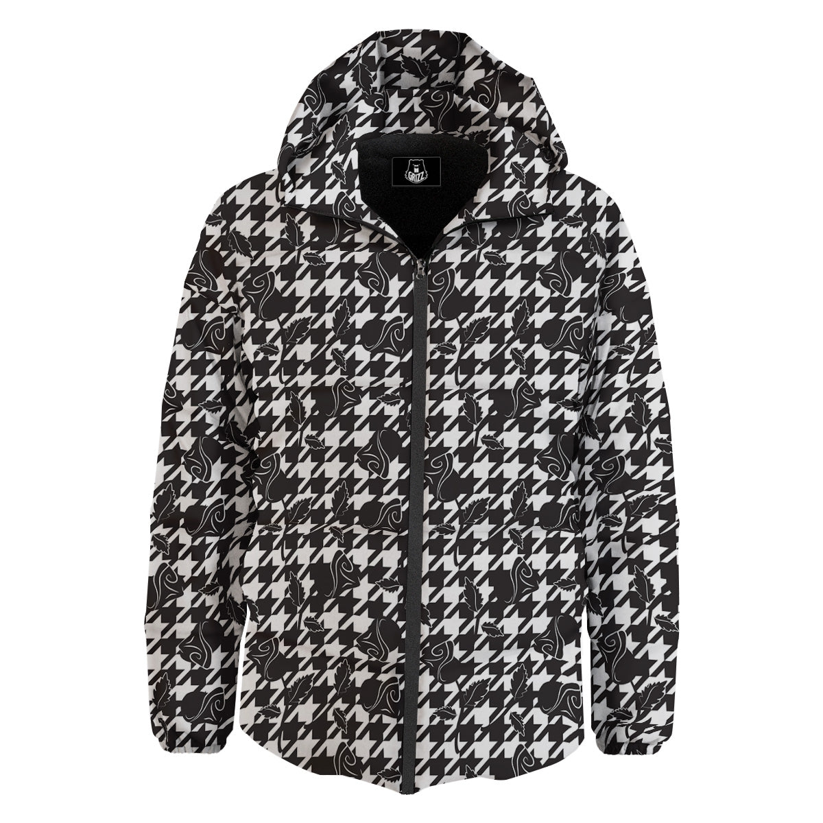 Houndstooth And Black Rose Print Pattern Down Jacket-grizzshop