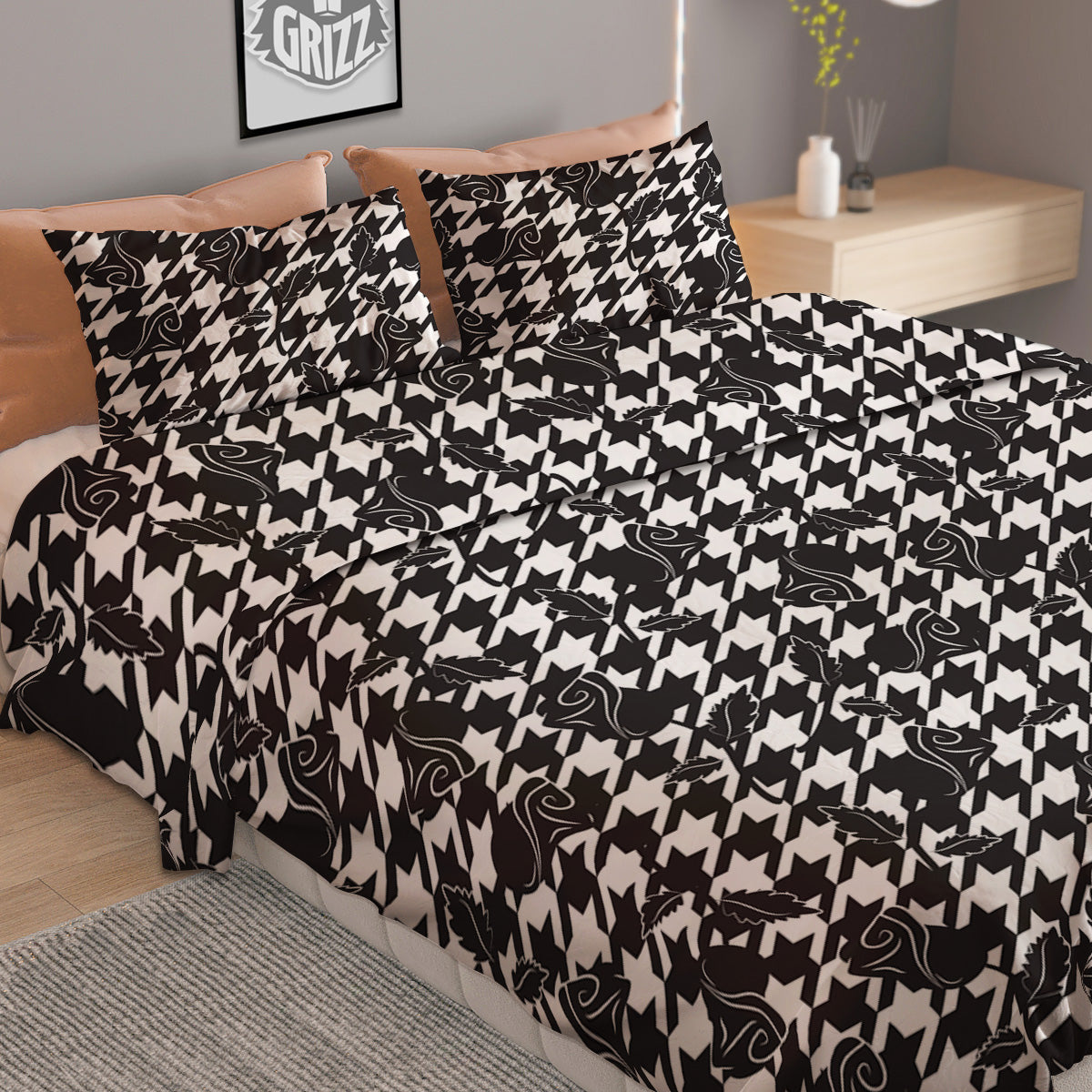 Houndstooth And Black Rose Print Pattern Duvet Cover Bedding Set
