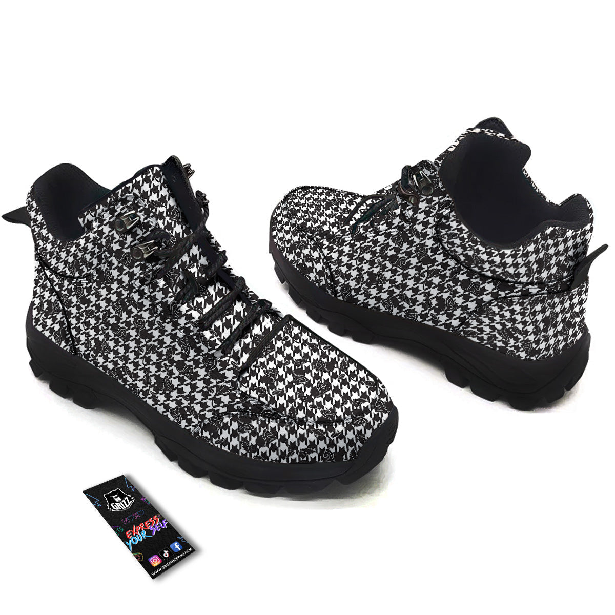 Houndstooth And Black Rose Print Pattern Hiking Shoes-grizzshop