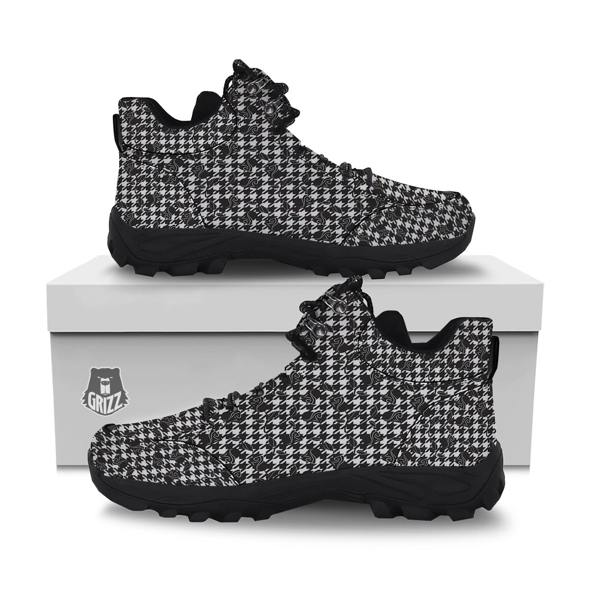 Houndstooth And Black Rose Print Pattern Hiking Shoes-grizzshop